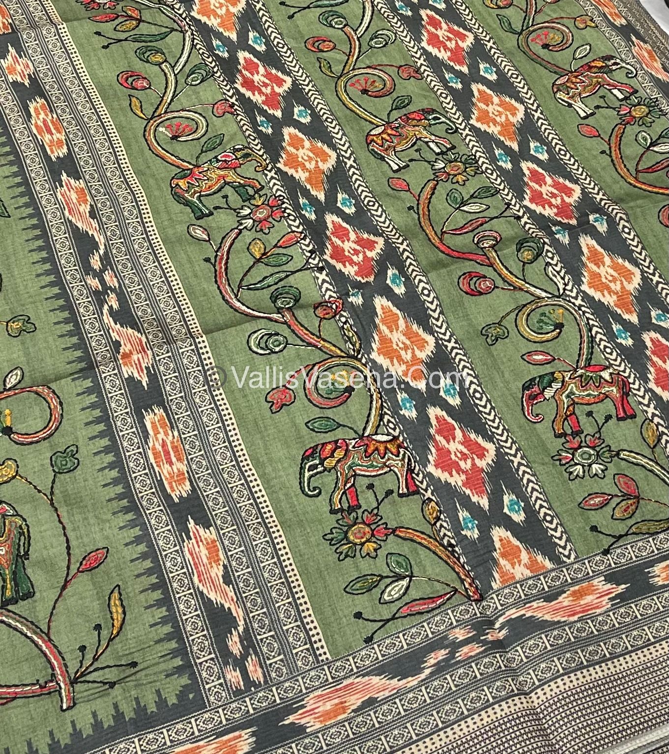 Semi Tussar - Kantha Work Embroidery - Green Shade - VVSTK001