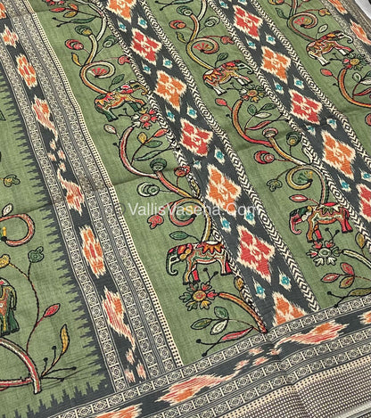 Semi Tussar - Kantha Work Embroidery - Green Shade - VVSTK001