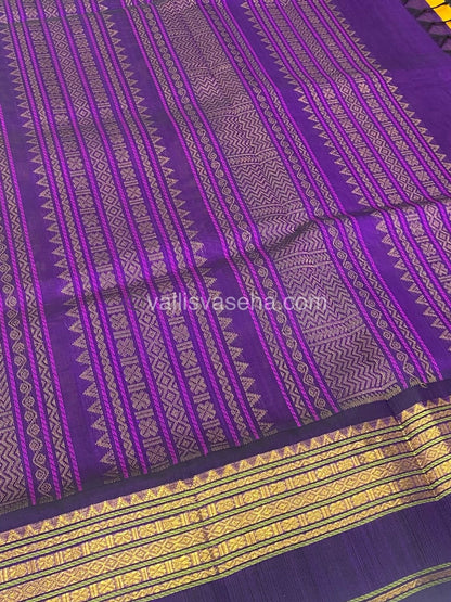 Pure Korvai Silk Cotton Saree - Yellow  with Blue - Retta Petta border - VVKSC004