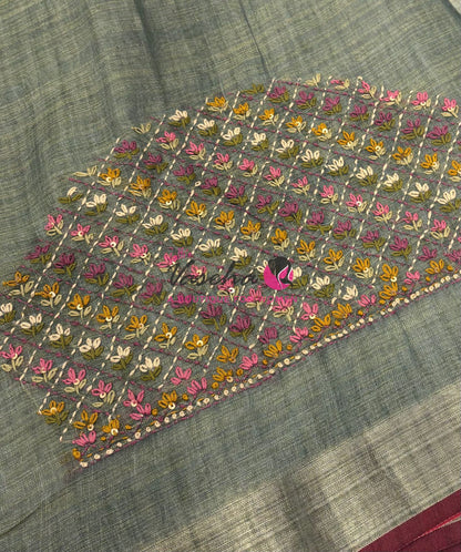 French Knot - Linen Tissue Saree - Grey  Shade - Heavy Work Blouse - VVLFN016