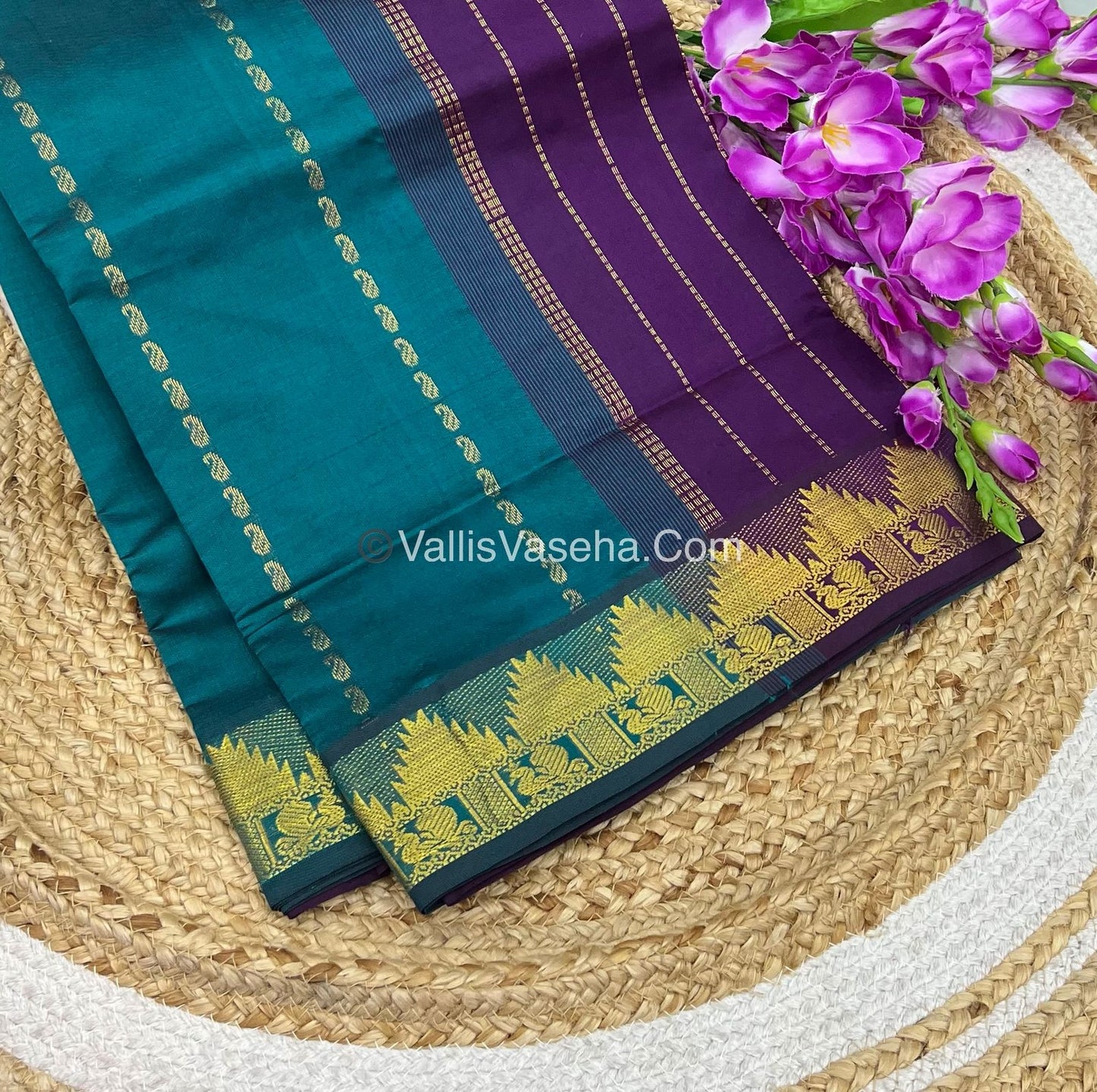 Semi Silk Cotton Saree - Ramar Green With Dark Purple Shade - VVSSC005