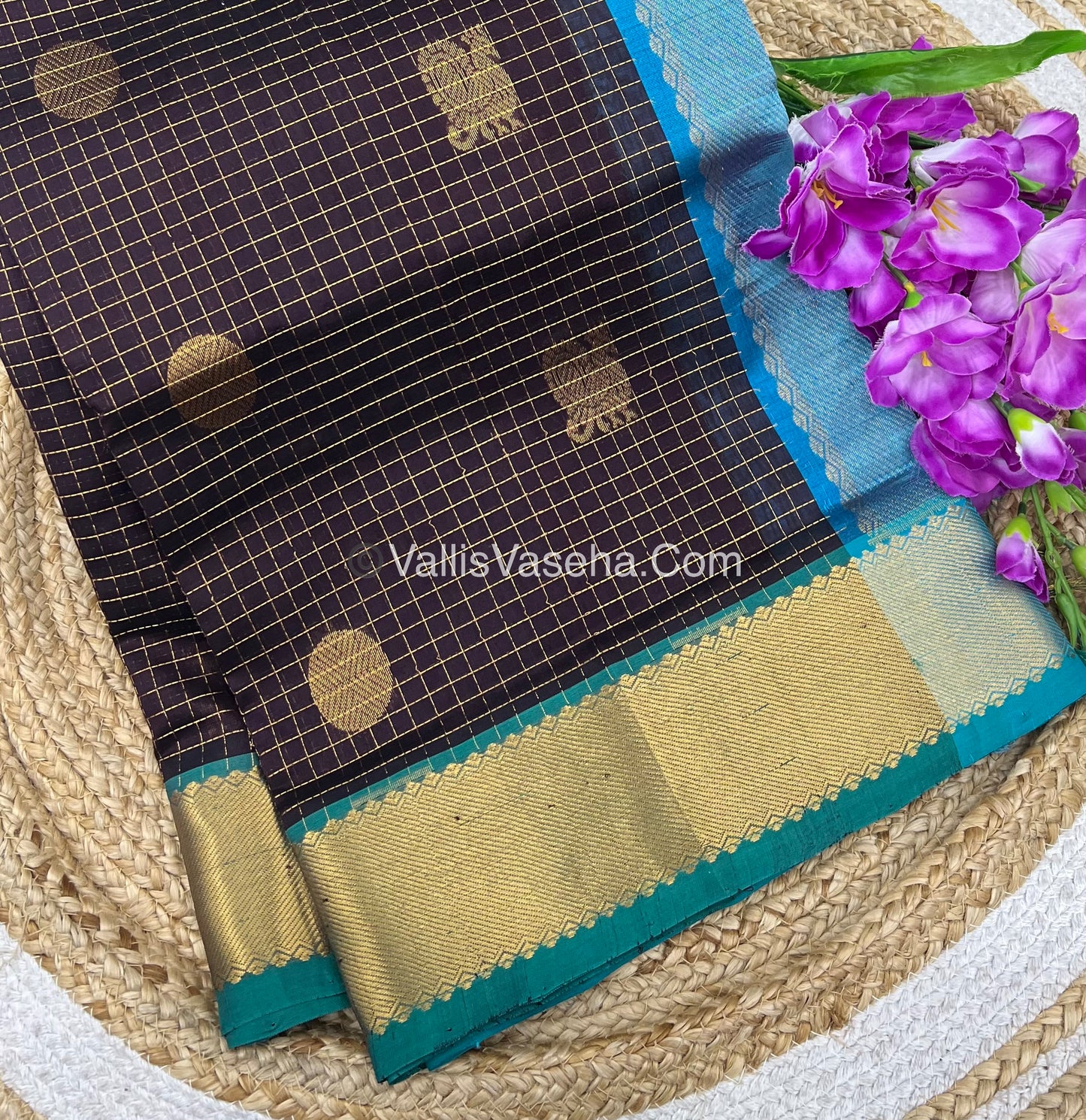 Pure Silk Cotton Saree - Mayil & Chakkaram Design -  Brown With Blue Shade - VVMC002