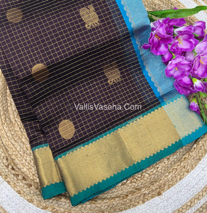 Pure Silk Cotton Saree - Mayil & Chakkaram Design -  Brown With Blue Shade - VVMC002