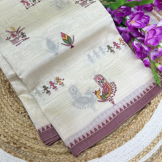 Semi Tussar Embroidery - Cream with Merun Combo - VVSTE001