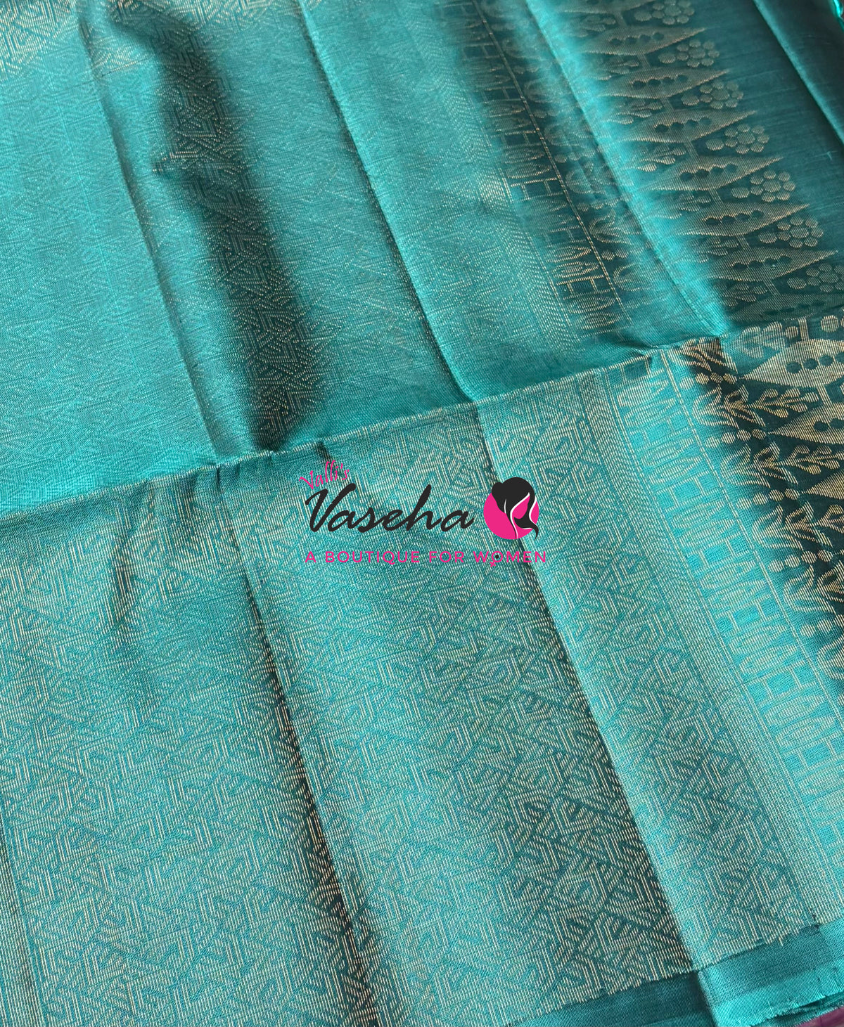 Pure Soft Silk Saree  - Vairavoosi Pattern - Purplish Pink With Blue - VVPSS095
