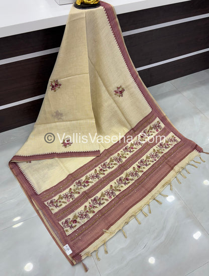 French Knot - Tissue Saree - Cream With pink Shade - VVLFN006
