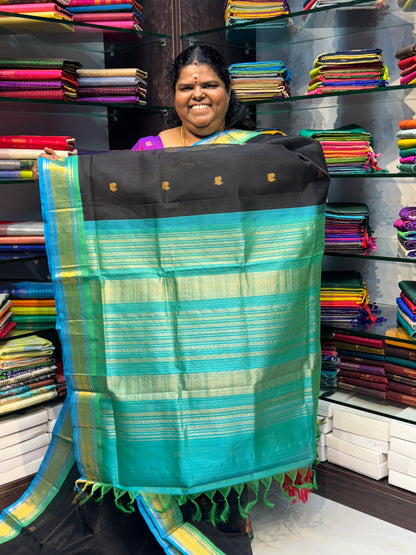 Pure Korvai Silk Cotton Saree -  Black with Teal Greenish Blue Combo - VVKSC004