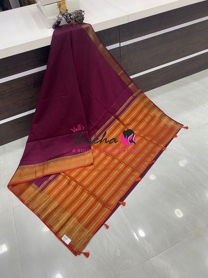 Semi Jute Silk Saree - Wine With Orange Shade- VVSJS001