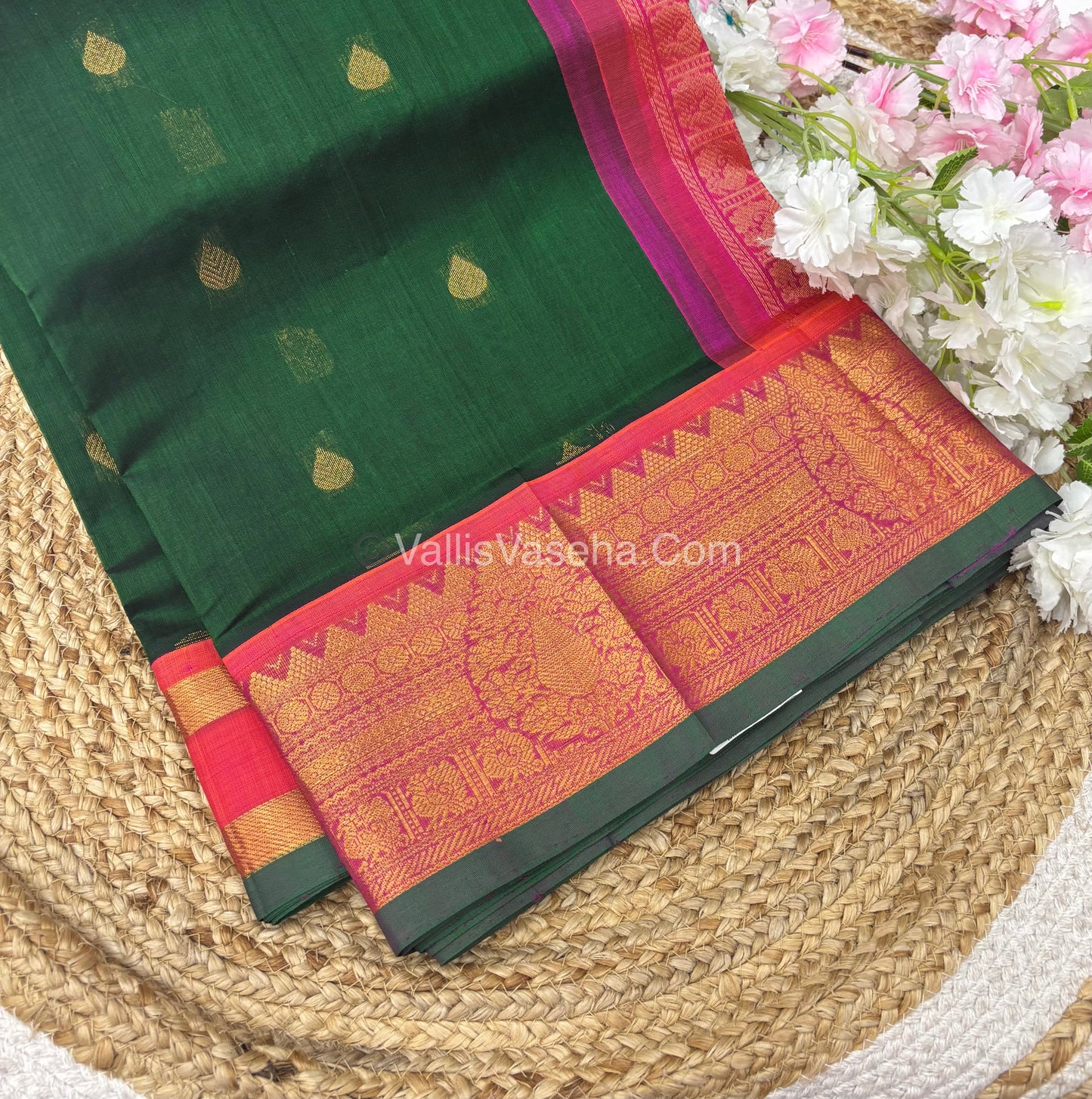 Pure Korvai Silk Cotton Saree - Green with Pink - VVKSC019