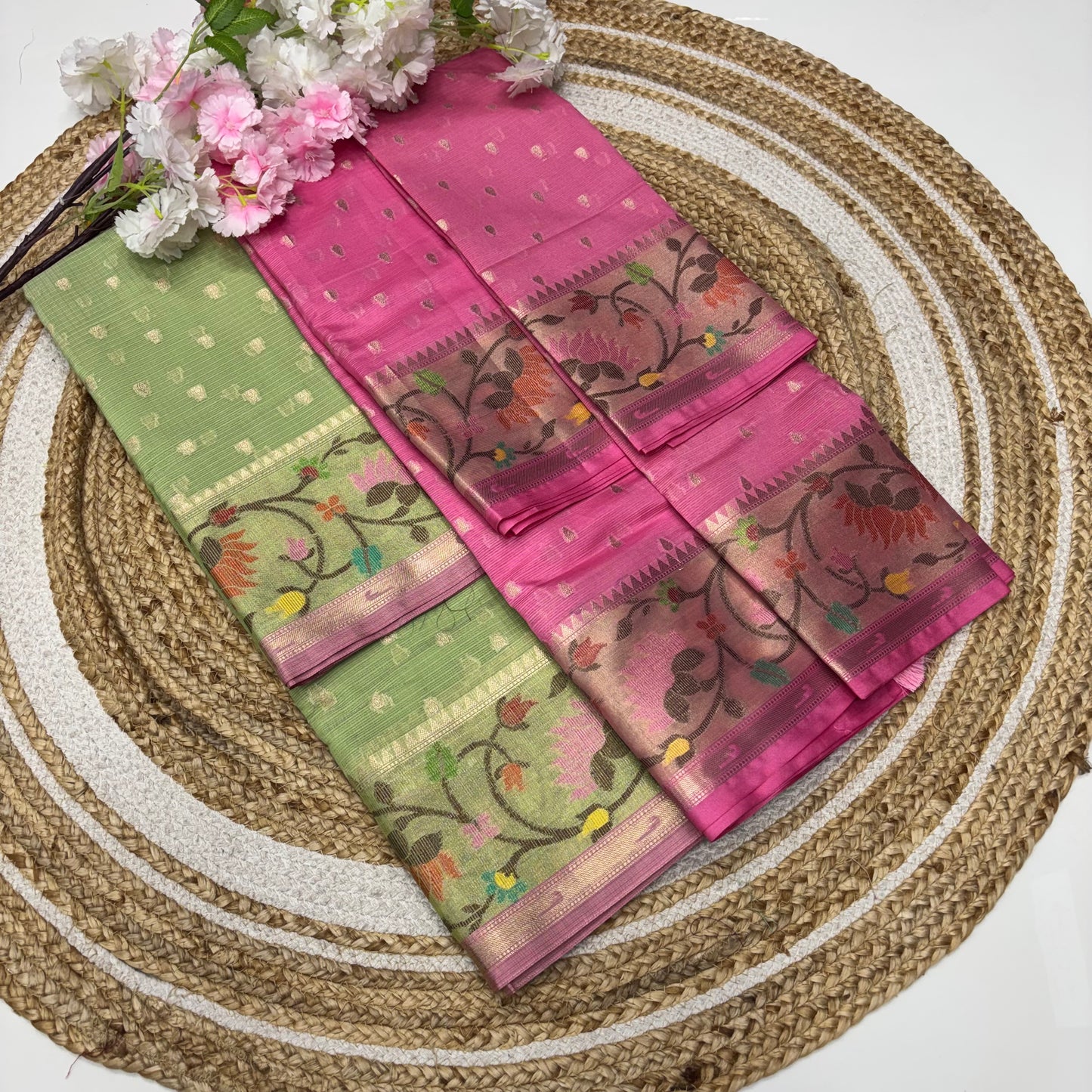 Unstitched - Lehenga Material - Zari Kota Tissue -  Green & Pink - VVULM001