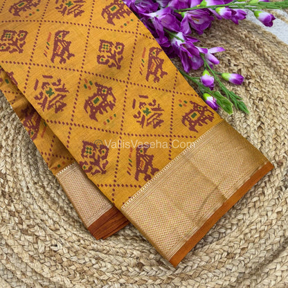 Semi Tussar Silk Saree - Ikkat / Pochampally Design - Mustard Yellow Shade - VVSTS034