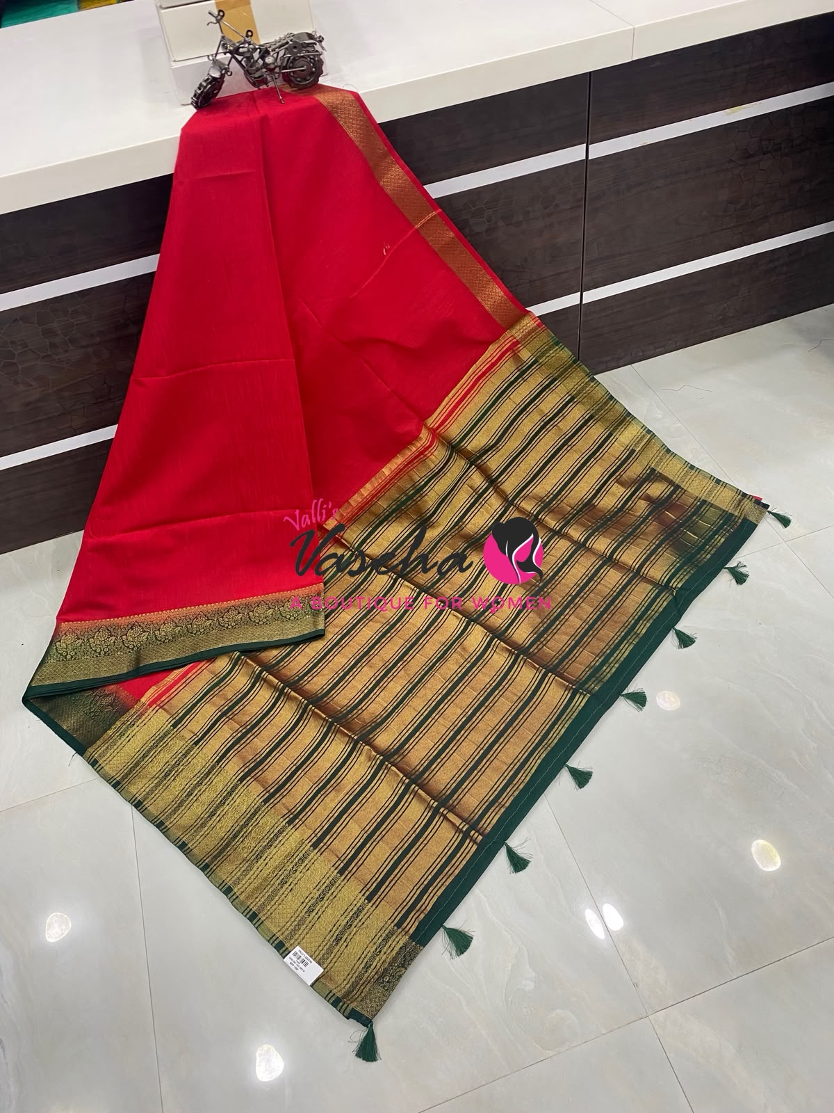 Semi Jute Silk Saree - Red With Green Shade- VVSJS001