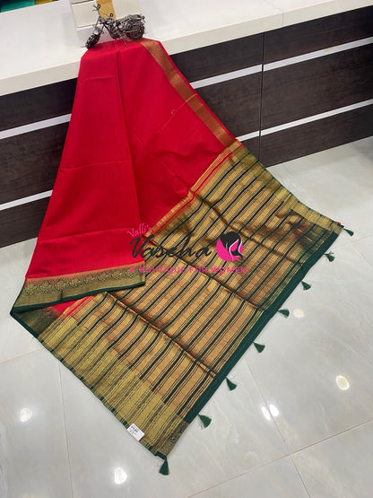 Semi Jute Silk Saree - Red With Green Shade- VVSJS001