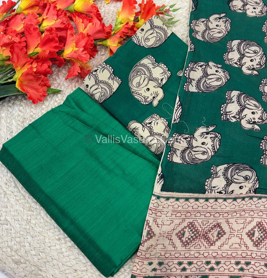 Unstitched Salwar Material -Kalamkari & Raw Silk - Green Shade  - VVUSM018