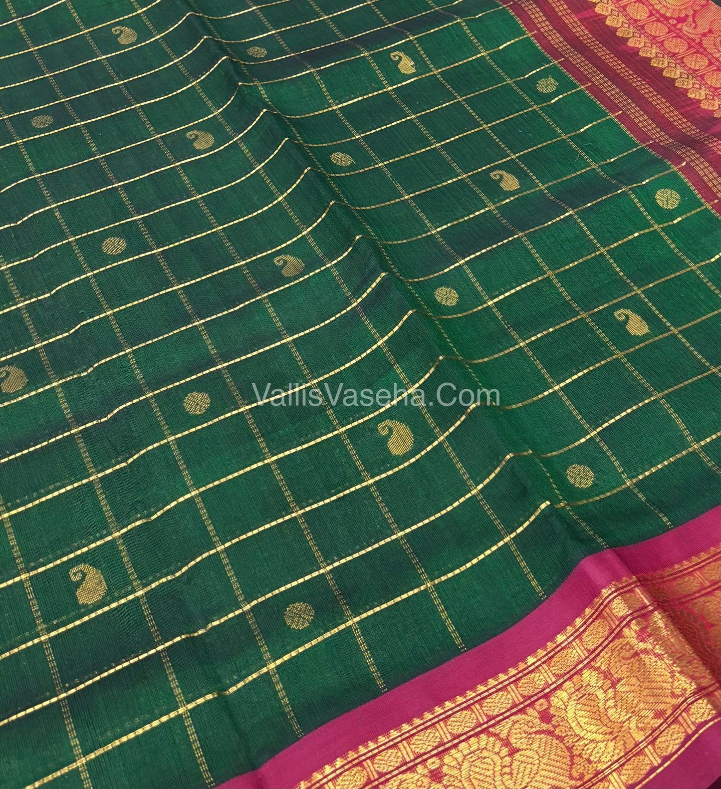 Pure Korvai Silk Cotton Saree - Green With Red - VVKSC020