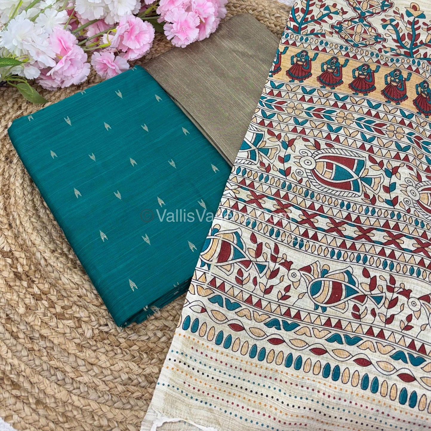 Unstitched Salwar Material -Raw Silk - Green & Cream Shade - VVUSM013