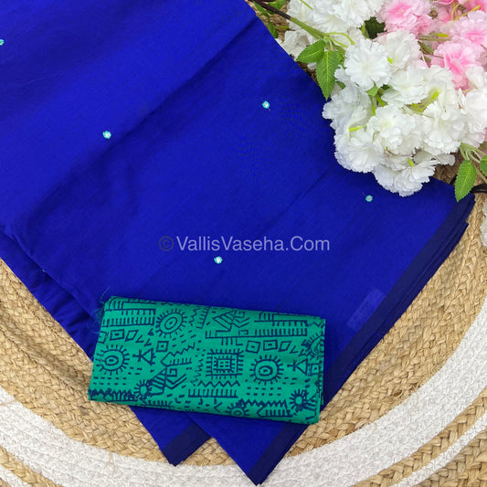 South Mixed Cotton - Mirror Work Embroidery - Blue With Green  - VVPCM002