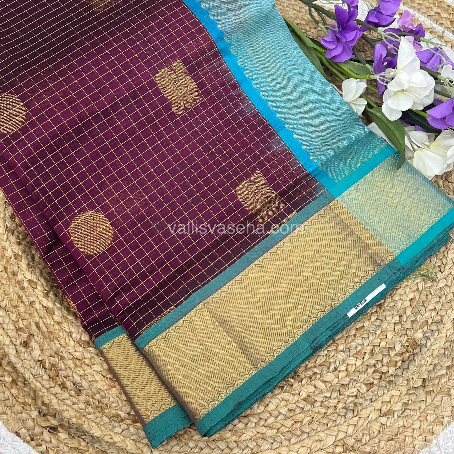 Pure Silk Cotton Saree - Mayil & Chakkaram Design - Brown With Blue Shade   -VVMC002