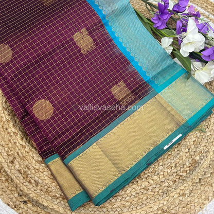 Pure Silk Cotton Saree - Mayil & Chakkaram Design - Brown With Blue Shade   -VVMC002
