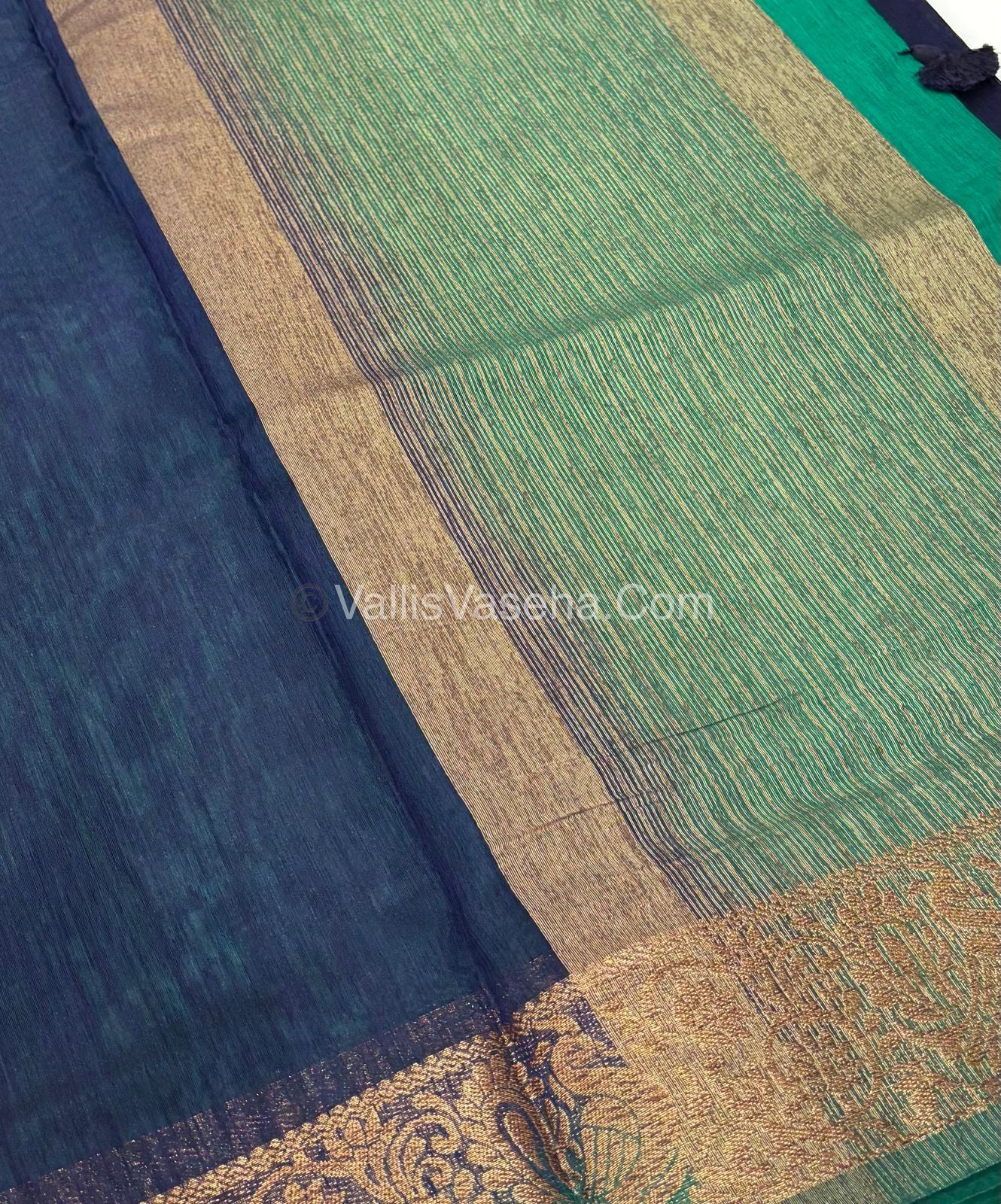 Bamboo Silk Saree - Navy Blue with Green Shade - VVBSS011