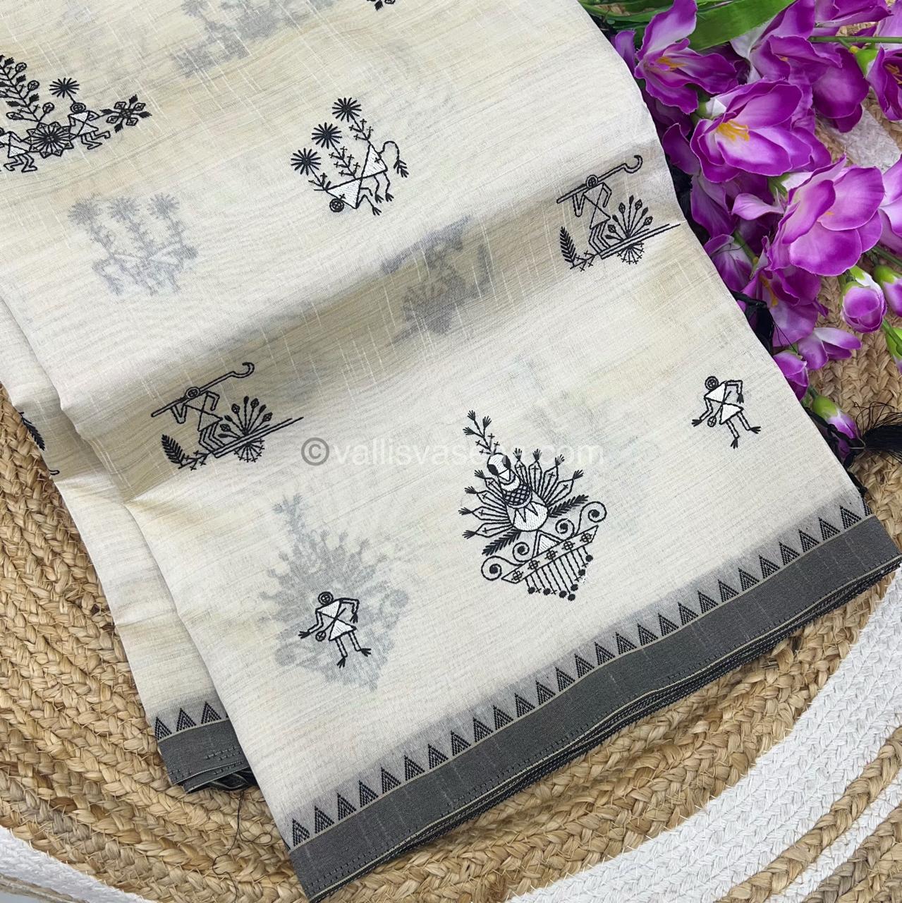 Semi Tussar Embroidery - Cream with Greyish Black Combo - VVSTE001