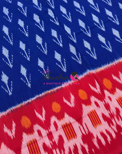 Double Ikkat Pure Cotton Saree -  Blue With Red  - VVIKS002