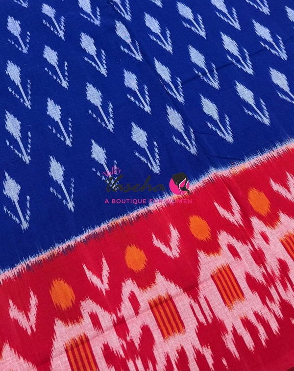 Double Ikkat Pure Cotton Saree -  Blue With Red  - VVIKS002