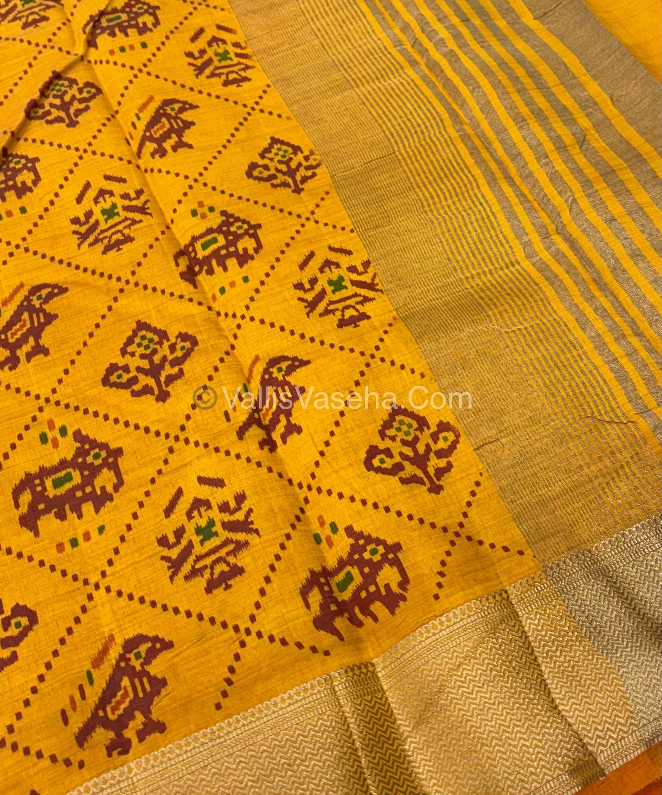 Semi Tussar Silk Saree - Ikkat / Pochampally Design - Yellow Shade - VVSTS034