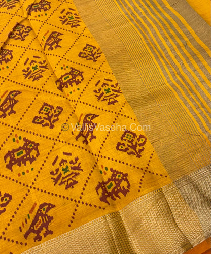 Semi Tussar Silk Saree - Ikkat / Pochampally Design - Yellow Shade - VVSTS034