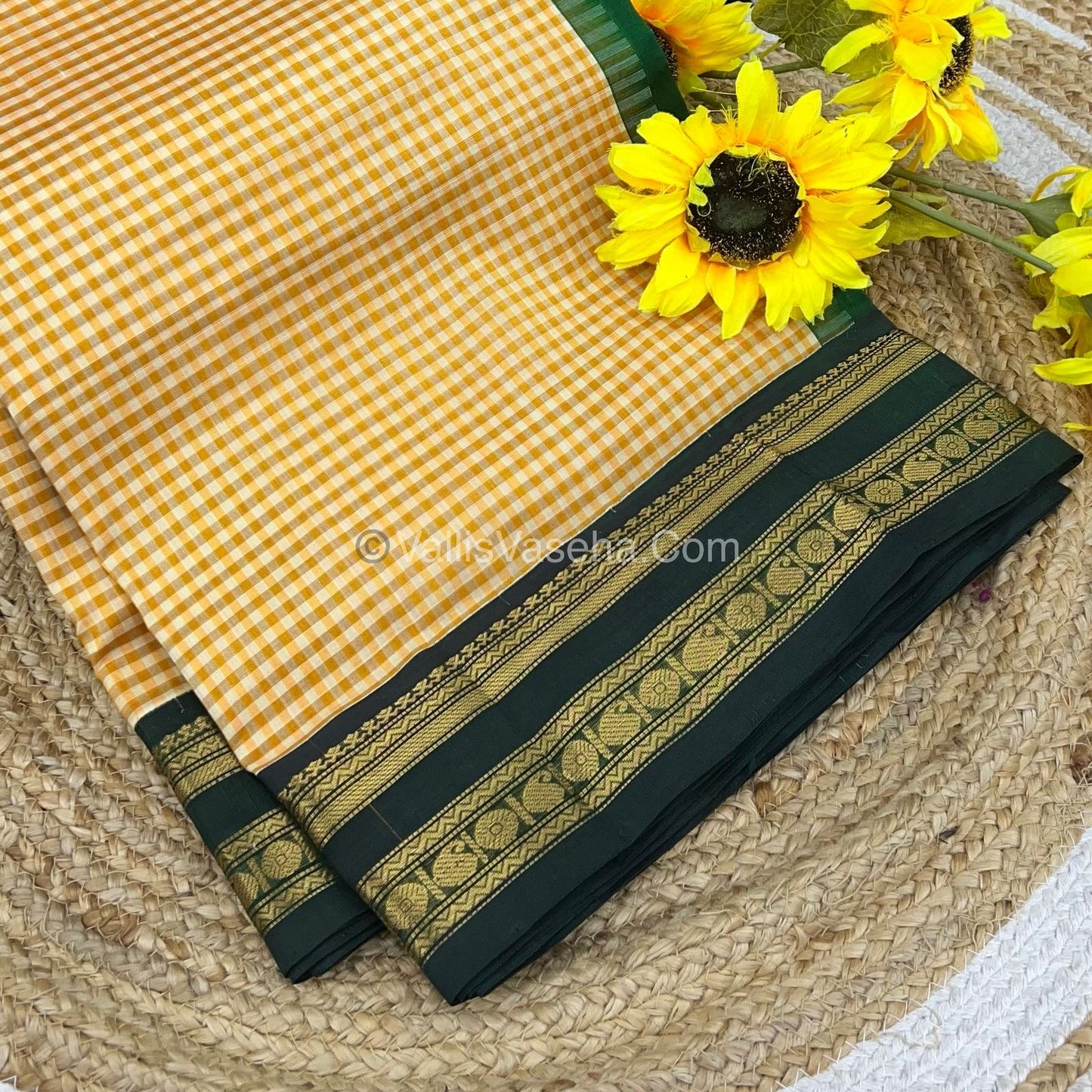 Pure Korvai Silk Cotton - Podi Kattam - Retta Petta Border - Yellow & White with Green - VVKSC003