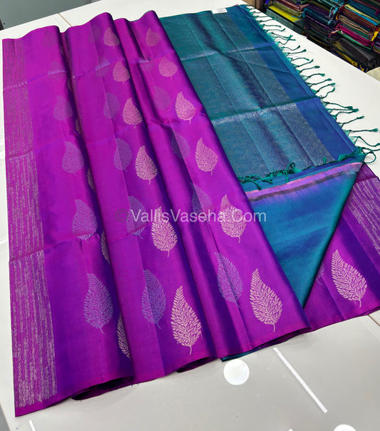 Pure Soft Silk Saree - Border Less  - Purple & Peacock Blue Combo - VVPSS070