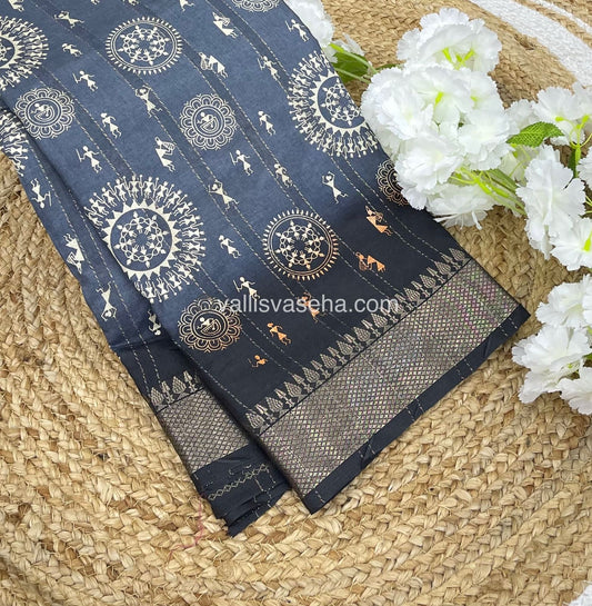 Chanderi Mixed Cotton Saree - Varli Prints - VVMCV001