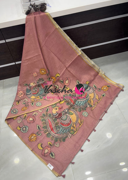 Linen Appliqué Work Saree - Pink  Shade - VVLAS001