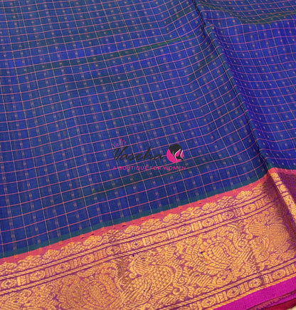 Pure Silk Cotton Saree - Blue With Pink - Lakshadeepam Design - VVPLD001