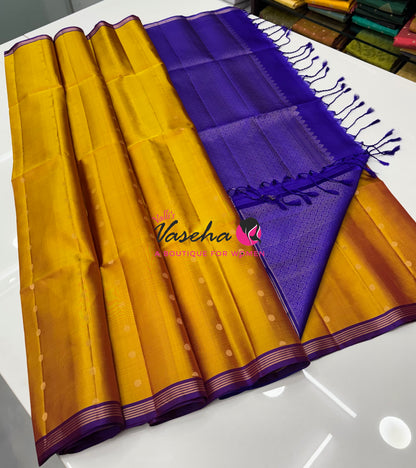 Pure Soft Silk Saree  - Yellow With Violetish Blue Combo - VVPSS151