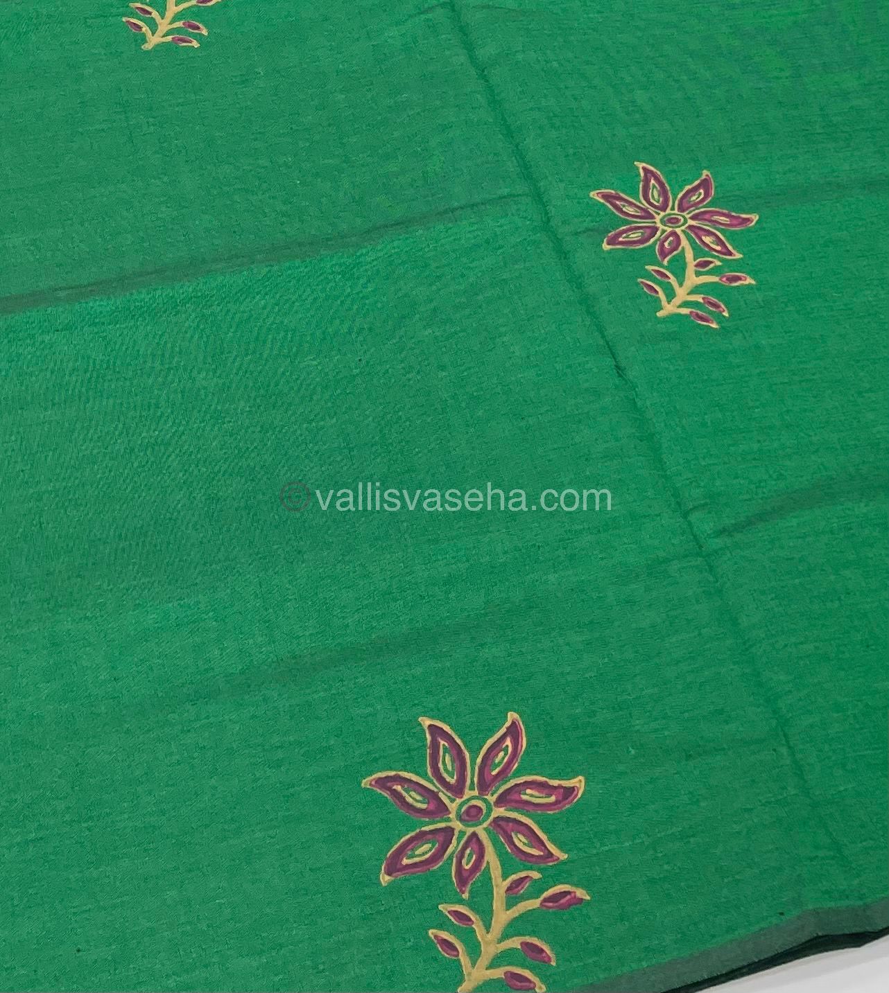 Poly Silk Mixed Printed Cotton - Green With Pink - VVPCP002