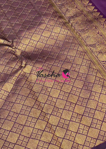 Pure Kanchipuram Silk Saree - Borderless - Lemon Green with Purple - VVPS043