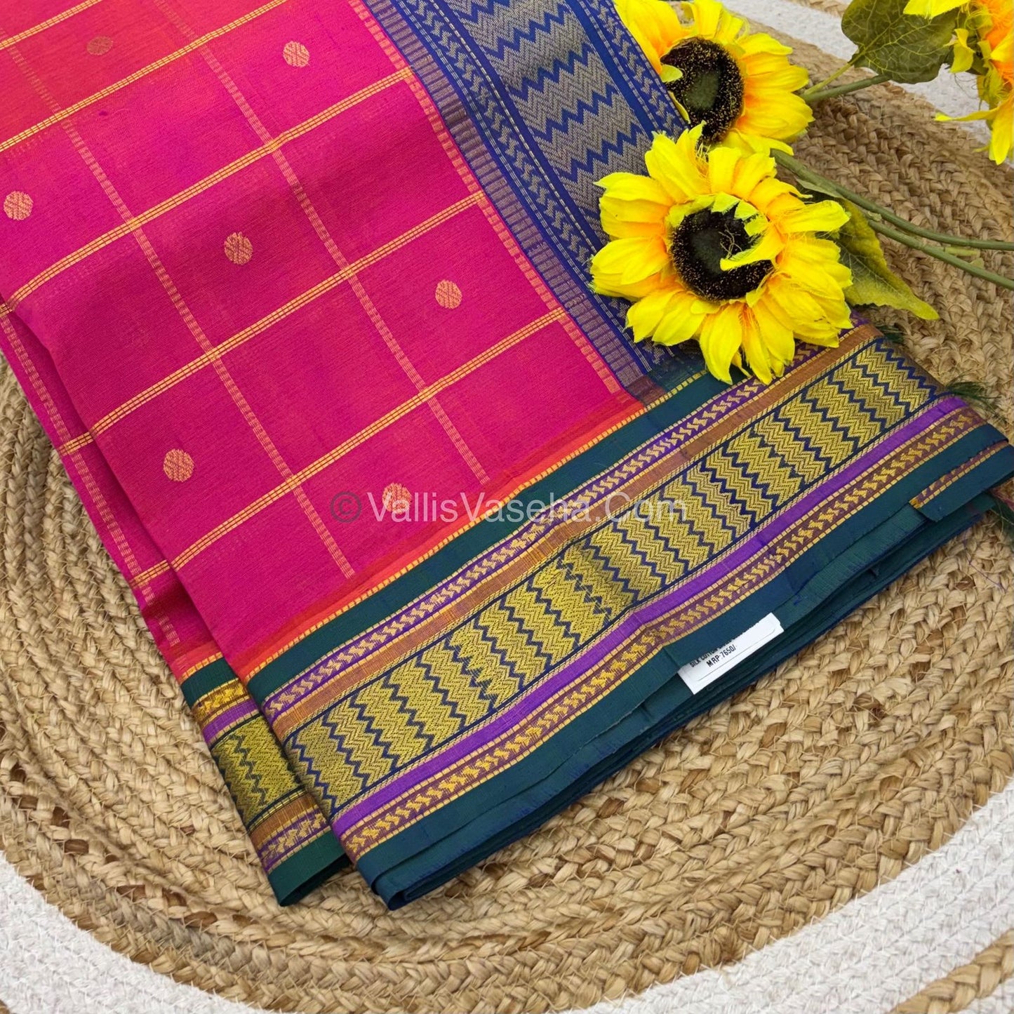 Pure Korvai Silk Cotton - Checks Pattern - Pink  with Blue Shade  - VVKSC015