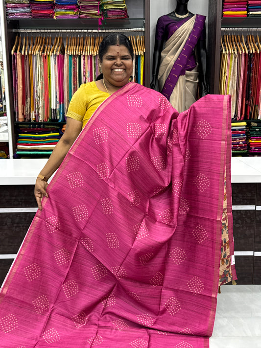 Semi Matka Tussar Silk Saree - Bandhini pattern - Pink Shade - VVSMT001