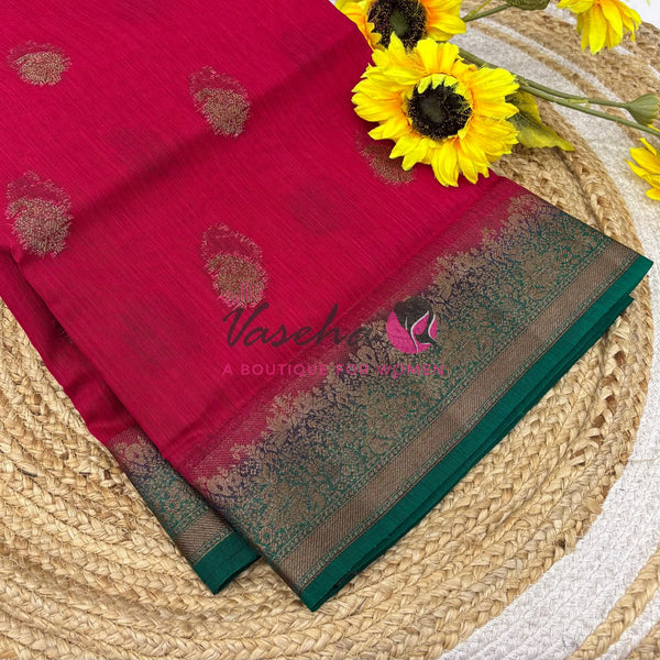 Bamboo Silk Saree- Pink with Green Shade - VVBSS014