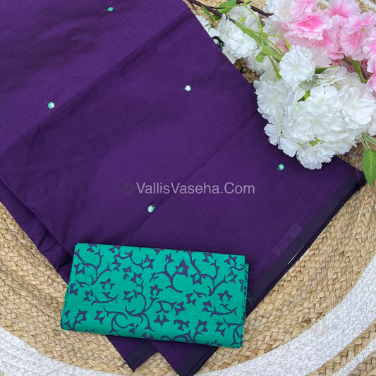South Mixed Cotton - Mirror Work Embroidery - Violet with Green- VVPCM002