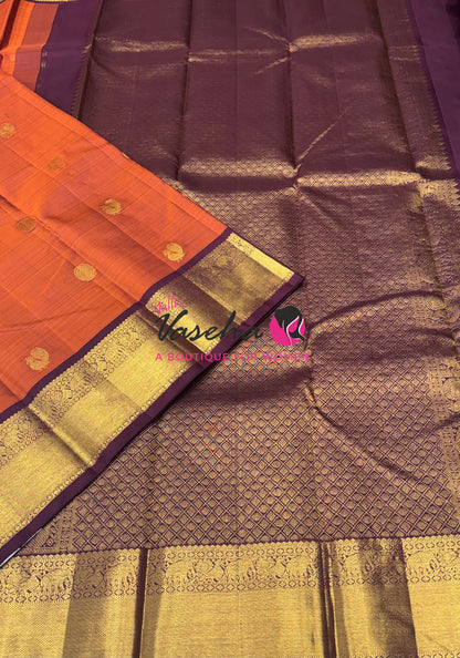 Pure Kanchipuram Silk Saree - Rust Orange & Wine Brown Shade  - VVPS067