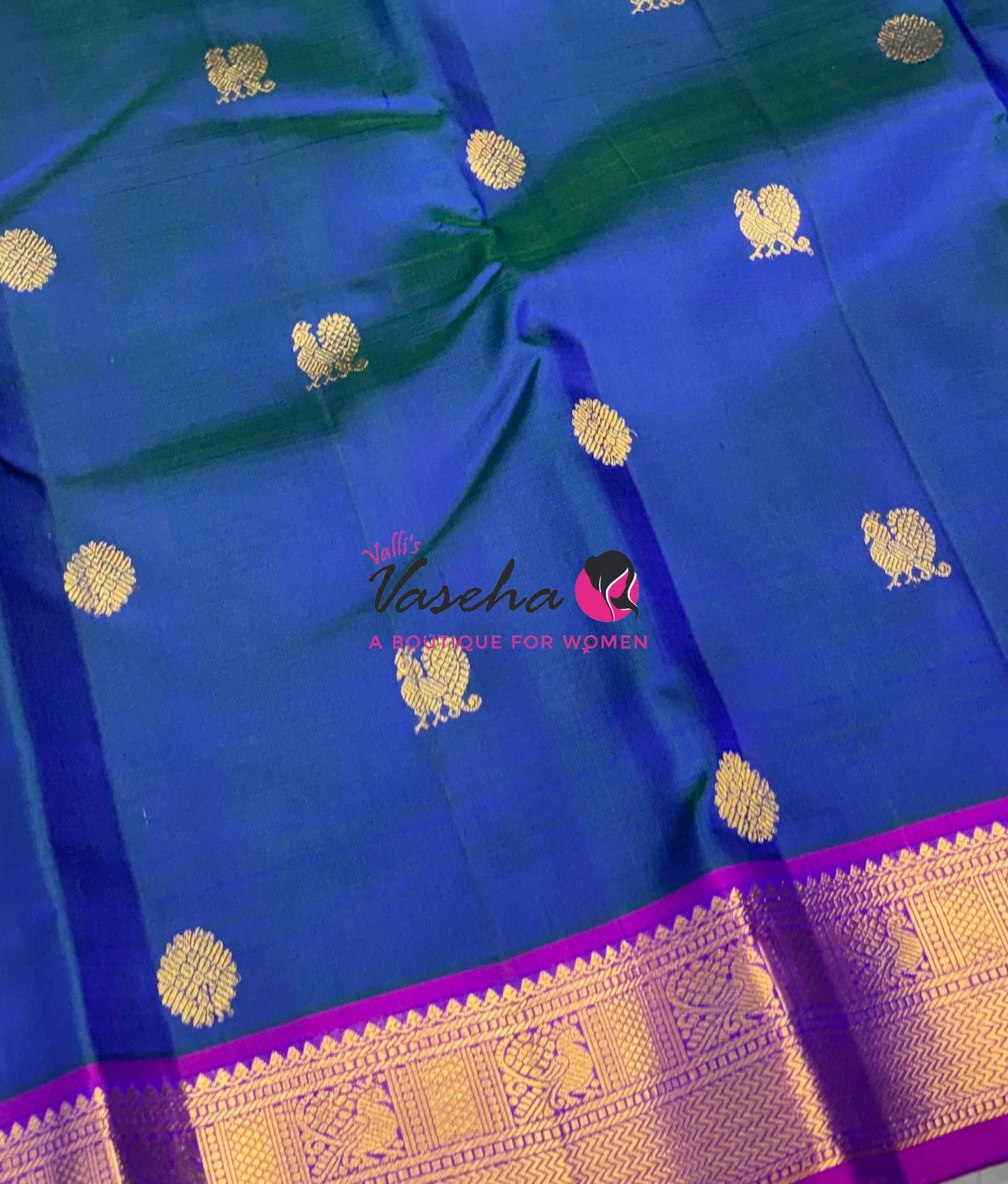 Pure Kanchipuram Silk Saree - Peacock Blue & Purplish Pink Combo - VVPS068