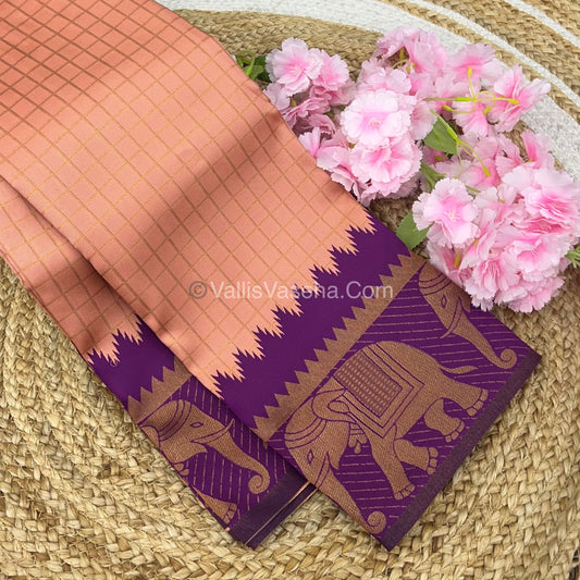 Semi Silk Saree - Kanchi Silk Style - Elephant Border - Peach with Purple - VVSSS005
