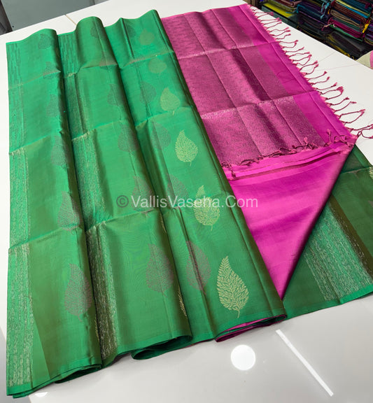Pure Soft Silk Saree - Border Less  - Green & Pink Combo - VVPSS070