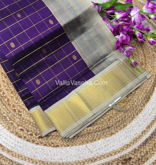 Pure Korvai Silk Cotton - Checks Pattern - Purple with Creamish Grey Shade  - VVKSC015