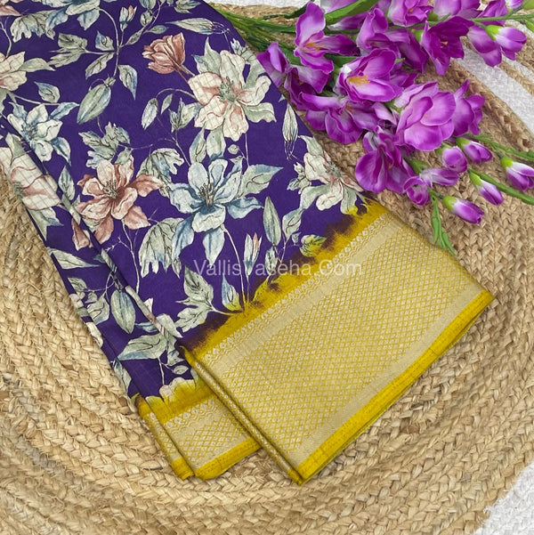 Semi Binny Silk - Floral Design - VVSBS003 - Purple with Yellow  Shade