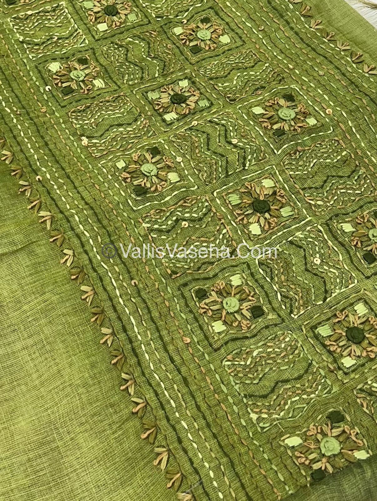French Knot - Linen Tissue Saree -  Green shade - VVLFN003