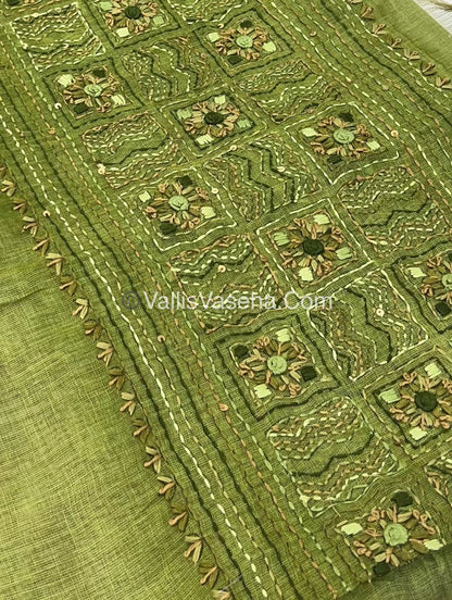 French Knot - Linen Tissue Saree -  Green shade - VVLFN003