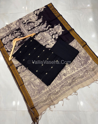 Unstitched Salwar Material -Raw Silk - Black Shade & Nizam Border Duppatta - VVUSM010